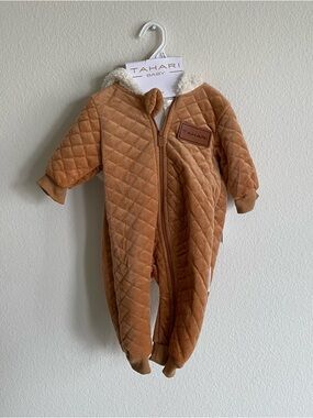 NWT Tahari Baby Quilted Tan One-Piece Romper with Sherpa Hood